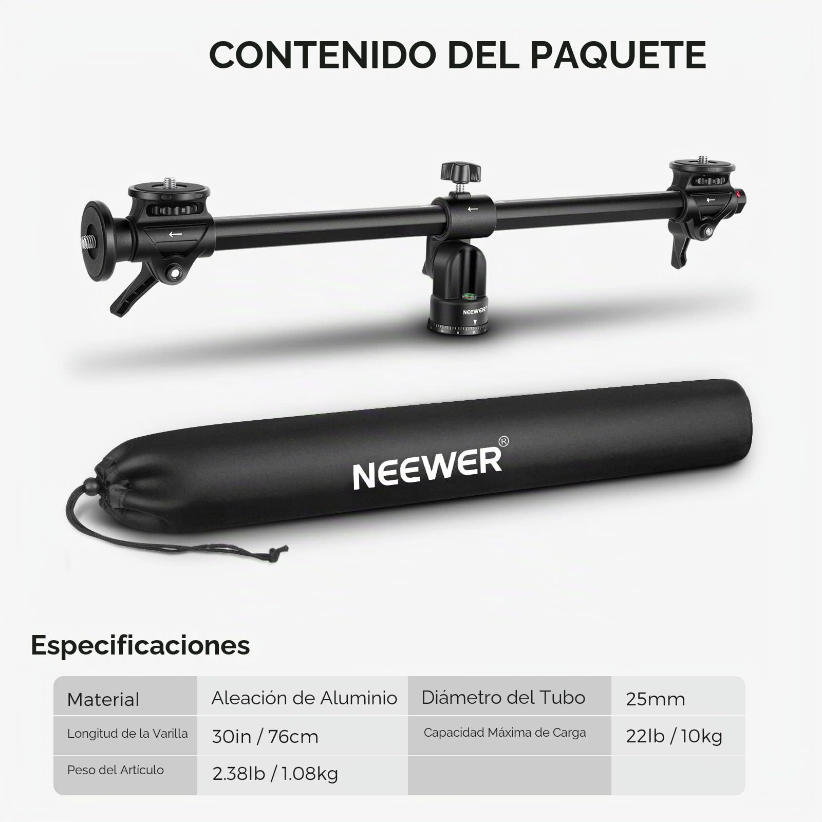 NEEWER 76cm Eje Central de Trípode Horizontal con Tornillo de 3/8", Aleación de Aluminio Giratorio de 360​​​​° 180° Brazo de Extensión del Trípode Ajustable, para la Fotografía Macro(Carga hasta 10kg)