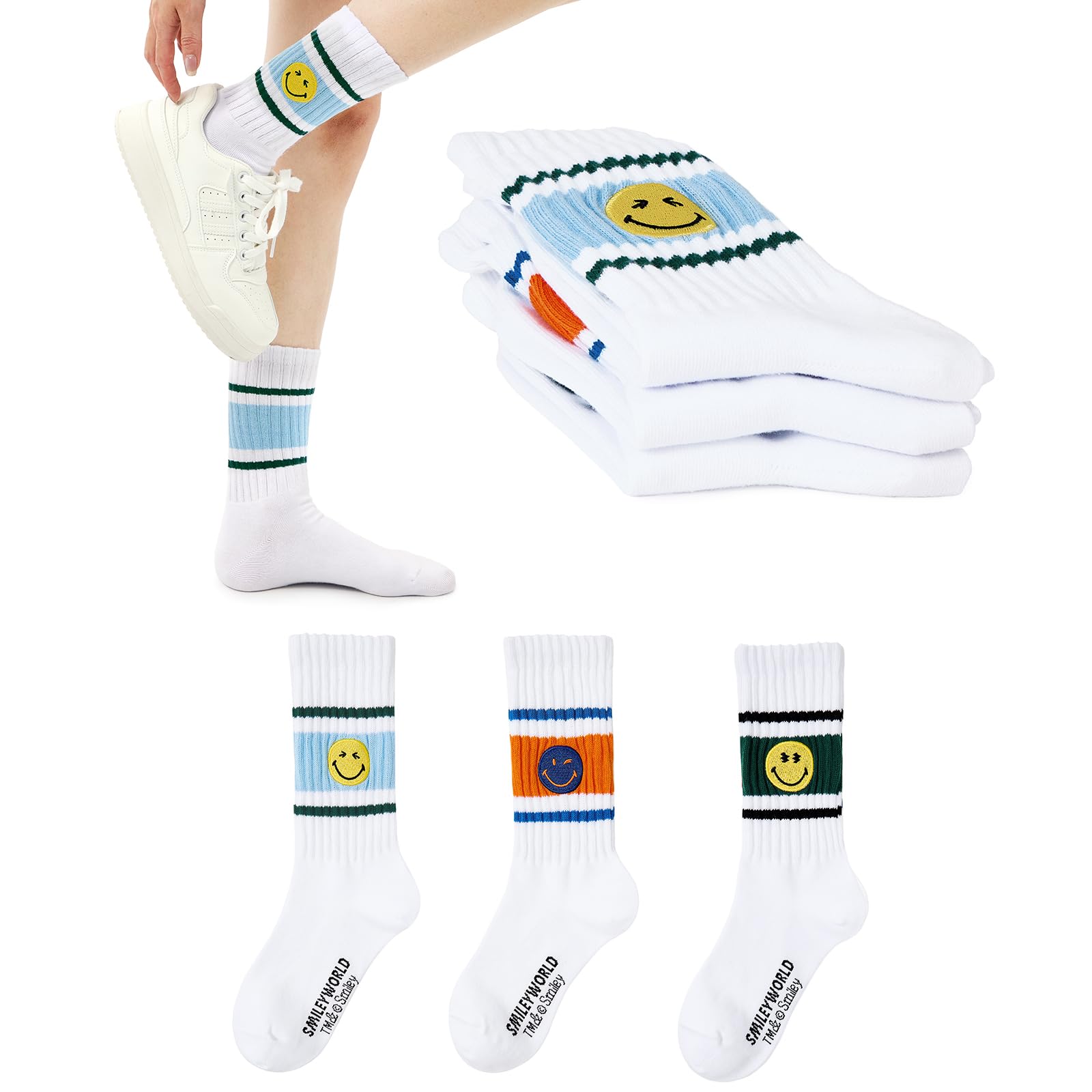Smiley Face Socks for Women, Happy Face Mid-Calf Striped Socks Y2K Funny Cute Cotton Sock SmileyWorld