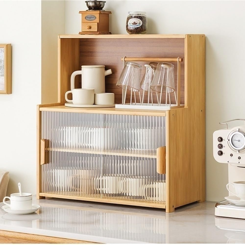 MESCXTY Freestanding Countertop Cabinet, Bamboo Pantry(Natural,45cm-17.7in) | Small Spice Storage Cabinet with Glass Doors, Sideboard for Kitchen and Living Room Organization