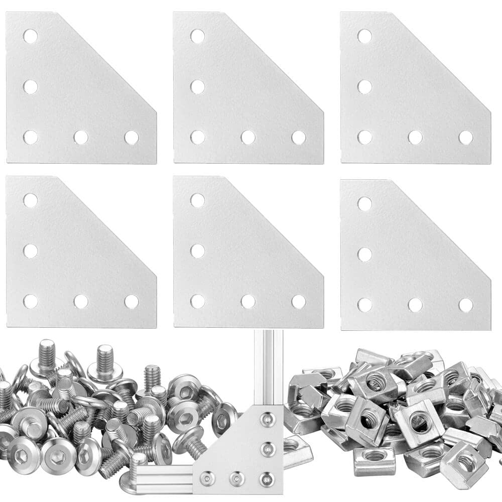 6Sets 2020 Corner Bracket Connectors 5 Hole L Shape Joint Plates for 2020 Series 6mm Slot Aluminum Extrusion Profile Accessories(L Silver)