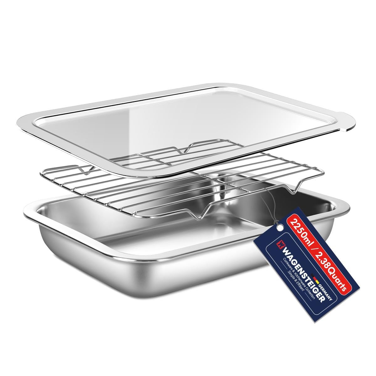 WAGENSTEIGER Stainless Steel Food Prep Container Set with Rack & Transparent Lid, Catering Pan, Restaurant Pan, Buffet Party Pans, Hotel Pans, Food Storage (10.63 x 7.87 x 2 inches / 2.38Quarts)