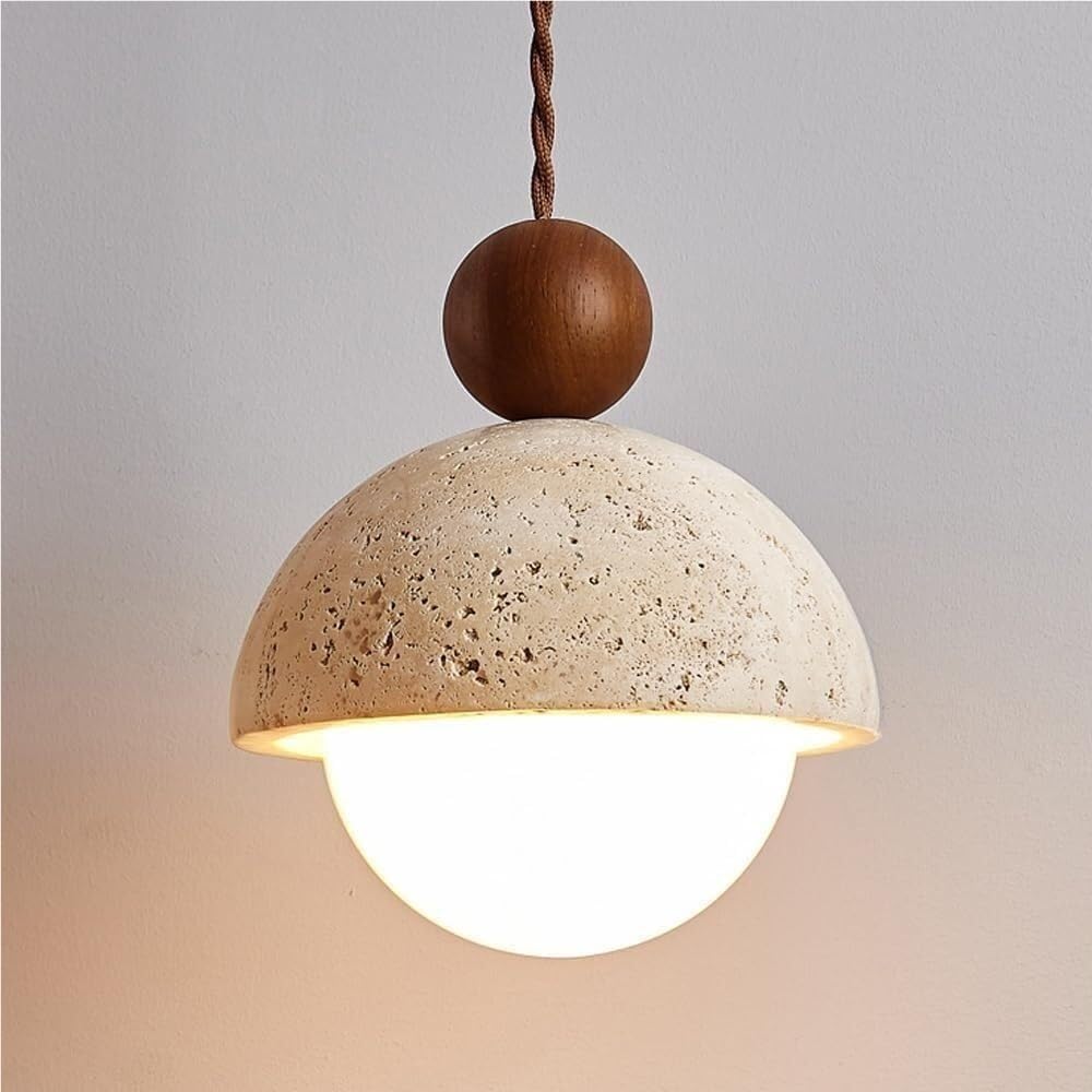 LYMSXAZOU Modern Small Travertine Chandelier Minimalist Walnut/Wood Accent Pendant Light Stone Dome Lighting Hanging Lamp for Bedside Kitchen Island Dining Room(Walnut)
