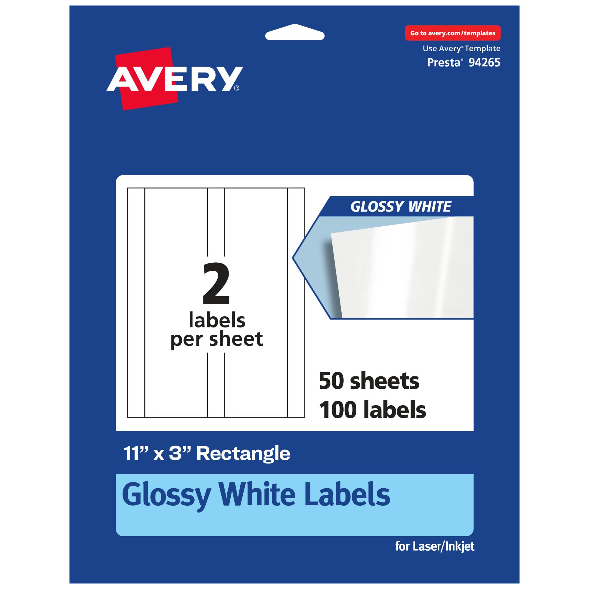 Avery Glossy White Rectangle Labels, 11" x 3", 100 Glossy White Labels, Permanent Adhesive, Laser/Inkjet Printable