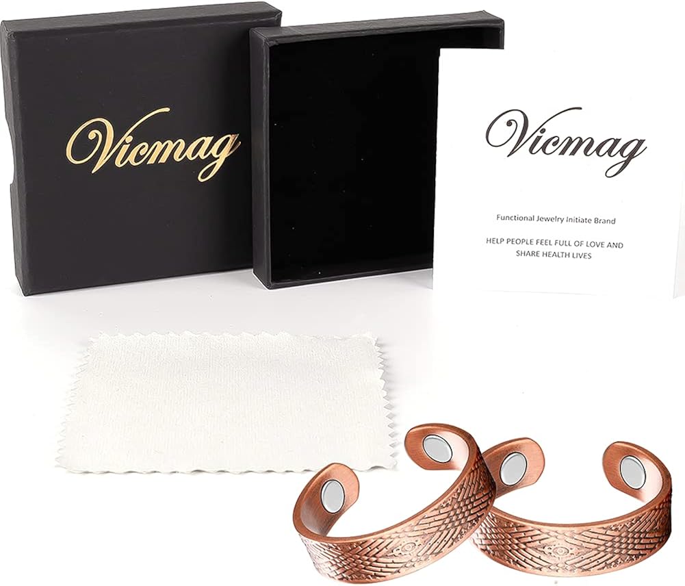 Vicmag 2PCS Copper Magnetic Ring for Women Men 100% Solid Pure Copper Adjustable with Jewelry Gift Box