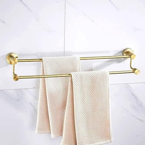 Miniatura 9 de BATHSIR Toallero de baño doble de oro cepillado ajustable, 14.56 a 27.55 pulgadas, toallero de montaje en pared para baño, colgador de toallas de