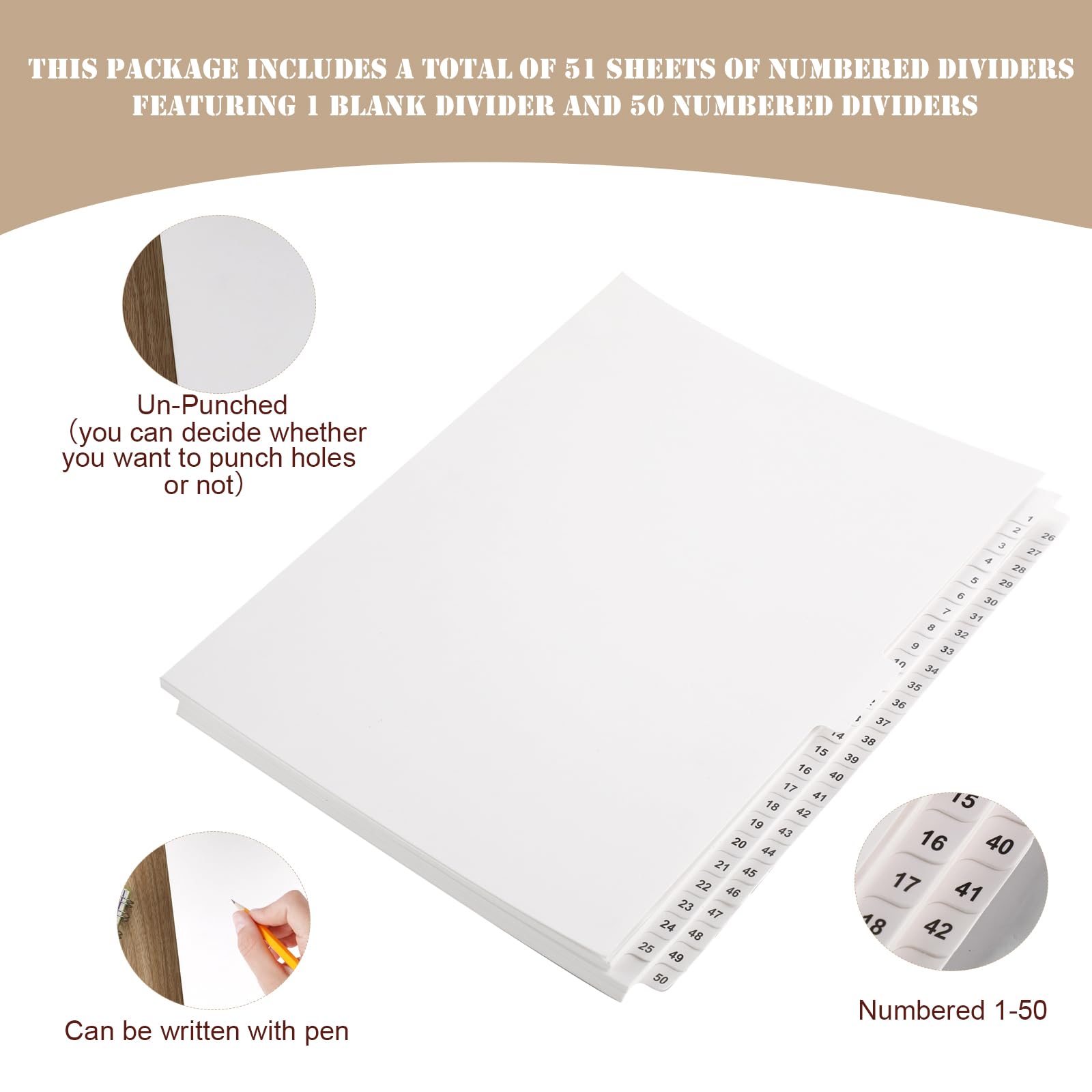 Yeaqee 1 lot d'intercalaires numérotés de 1 à 50 non perforés de 21,6 x 27,9 cm en papier blanc avec onglets numérotés pour documents de bureau, fichiers format lettre