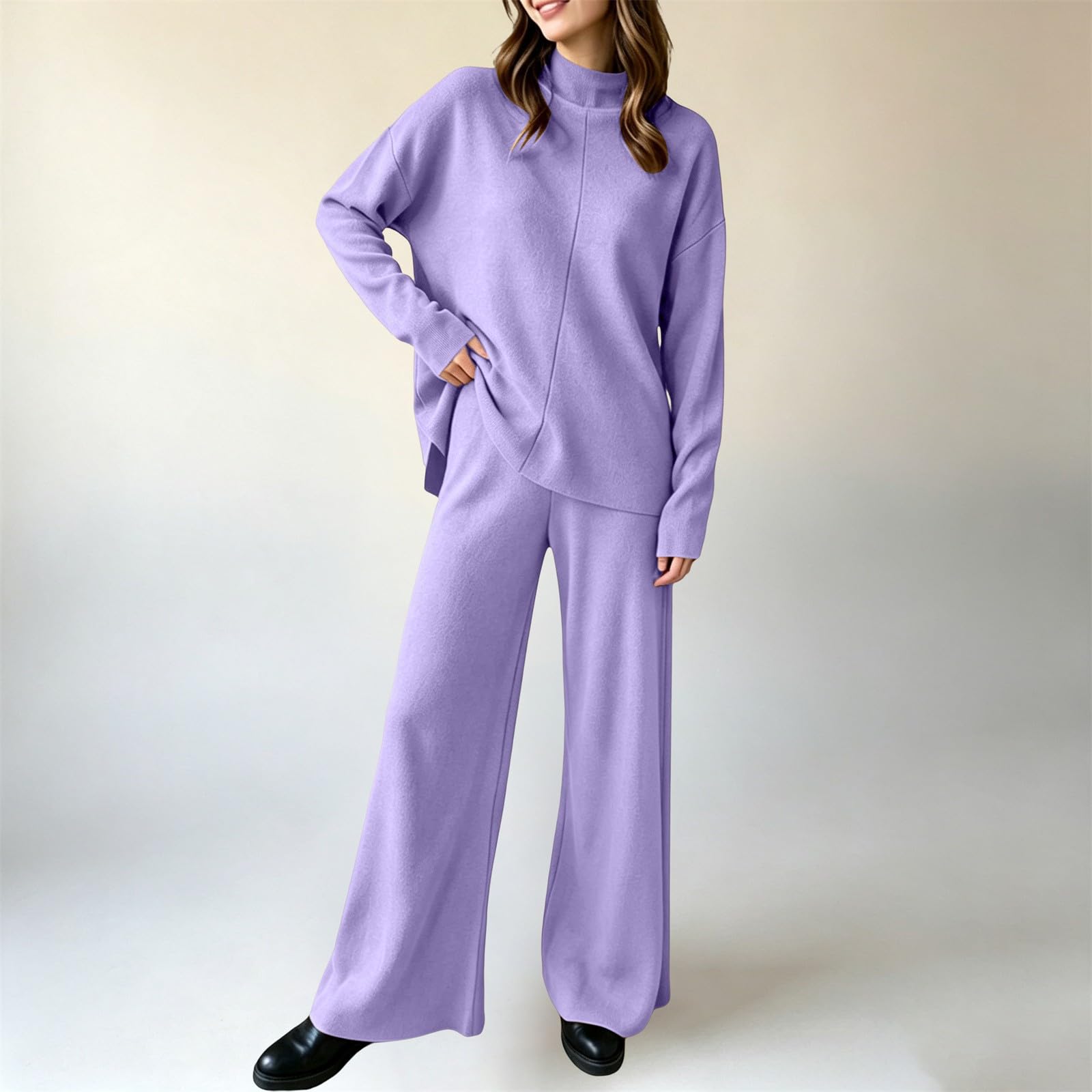 Set da donna in due pezzi, elegante, 2 pezzi, pantaloni lunghi ed eleganti | Maglia a collo alto, tinta unita, con pantaloni dritti, tuta per il tempo libero, morbida e confortevole, tinta unita