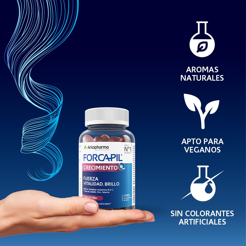 Arkopharma Forcapil Crecimiento, Pack Tratamiento de 3 meses, Sabor Frutos Rojos, Fuerza, Vitalidad y Brillo, Alta Concentración en Biotina, Vitamina B y C, Rojo, 60 Unidad (Paquete de 1)