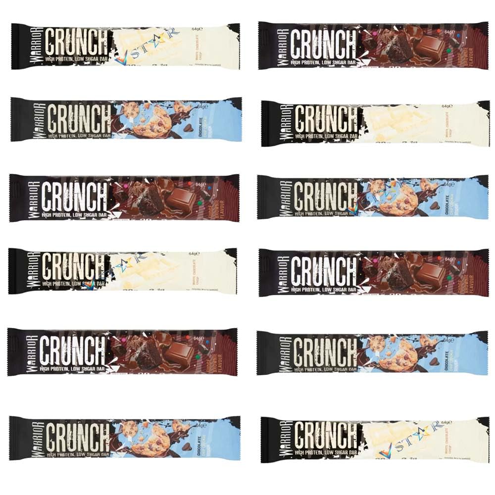Warrior Crunch Chocolate Chip Cookie Dough,High Protein Low Sugar Bar Fudge Browni & White Chocolate Crisp Protein Bar, 64g (Pack of 4, Random Mixed)