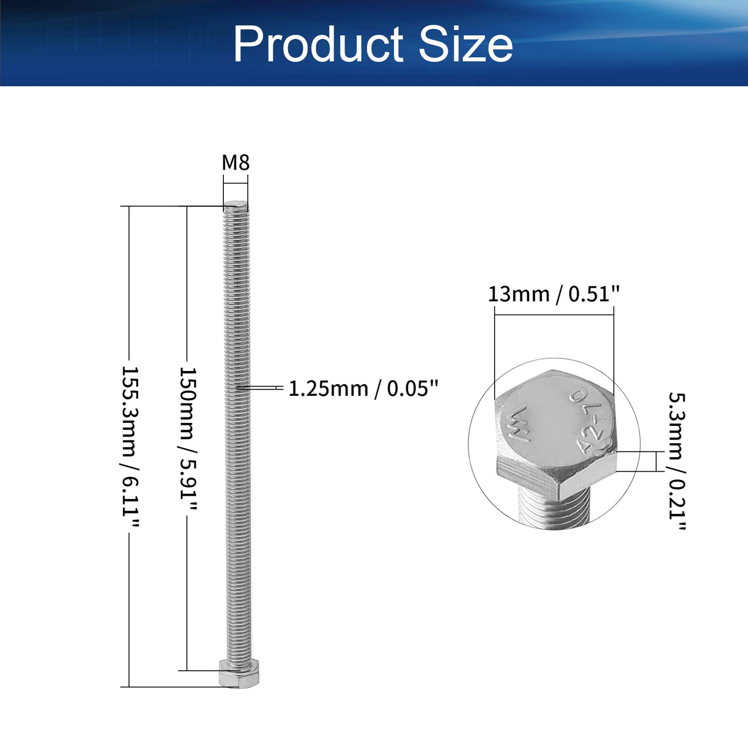 M8 Hex Bolt M8-1.25 x 150mm UNC Hex Head Screw Bolts 304 Stainless Steel Fully Threaded Hex Tap Bolts 4pcs