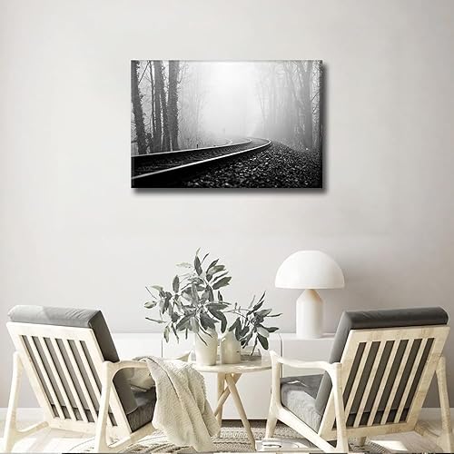 Miniatura 4 de 1 lienzo decorativo para pared, ferrocarril a través del bosque de pinos con niebla, decoración moderna para el hogar, sala de estar, arte de pared