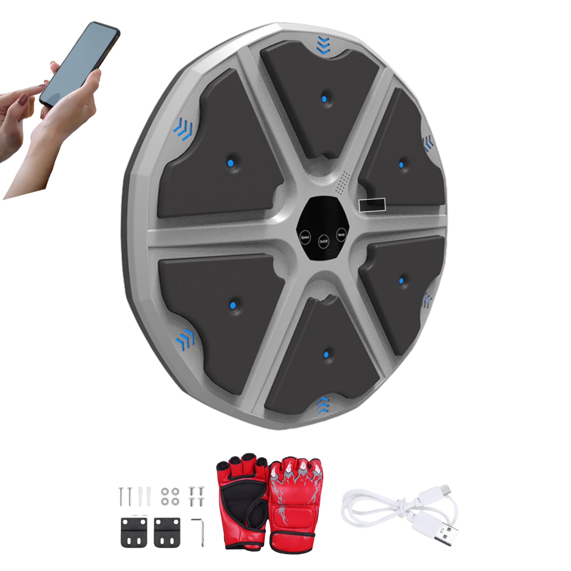 Macchina da Boxe Musicale. Attrezzatura da Parete con LED, Guantoni da Boxe, Bluetooth e Luci a Ritmo di Musica. per Bambini/Adulti. (9 modalità, 43x43 cm)