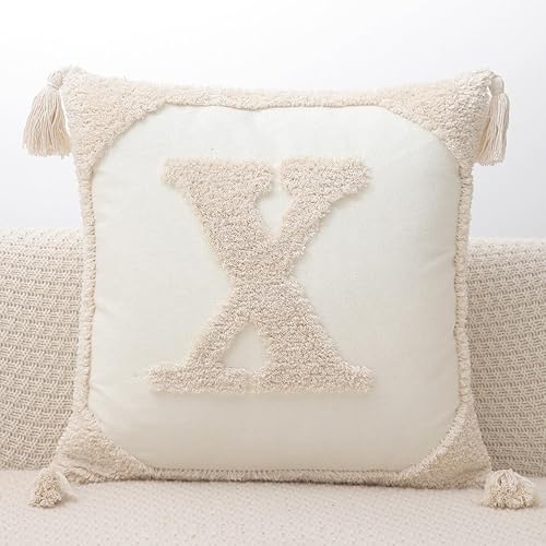 Miniatura 7 de Fundas de almohada con monograma y borlas de 18 x 18 pulgadas, fundas de almohada modernas de lona de algodón con letras del alfabeto J copetudo,