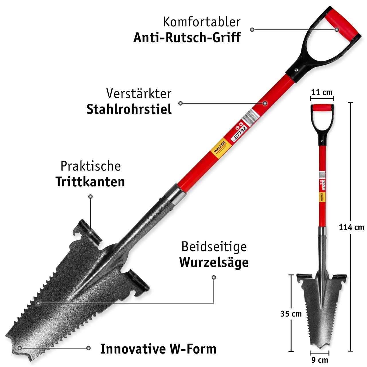 WALTER Spezialspaten-Set 3-TLG. - Kombispaten, Drainagespaten und Wurzelspaten - Robuster Glasfaserstiel, Antirutschgriff, langlebiger Kohlenstoffstahl