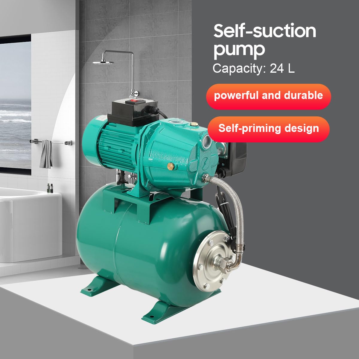 Bomba Agua Autoaspirante 1100W con Depósito 24L, Caudal 3000L/h | IP44 resistente al agua, caudal 50L/min, altura 45m, aspiración 9m, presión 3.5bar, conexión G1, para riego y drenaje
