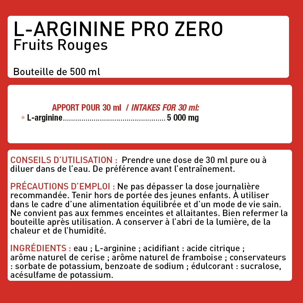 L-ARGININE PRO ZERO - L Arginine Musculation Vegan liquide 500 ml - L-Arginine 100% pure, efforts intenses et récupération - Laboratoire Français Eric Favre - Fruits Rouges