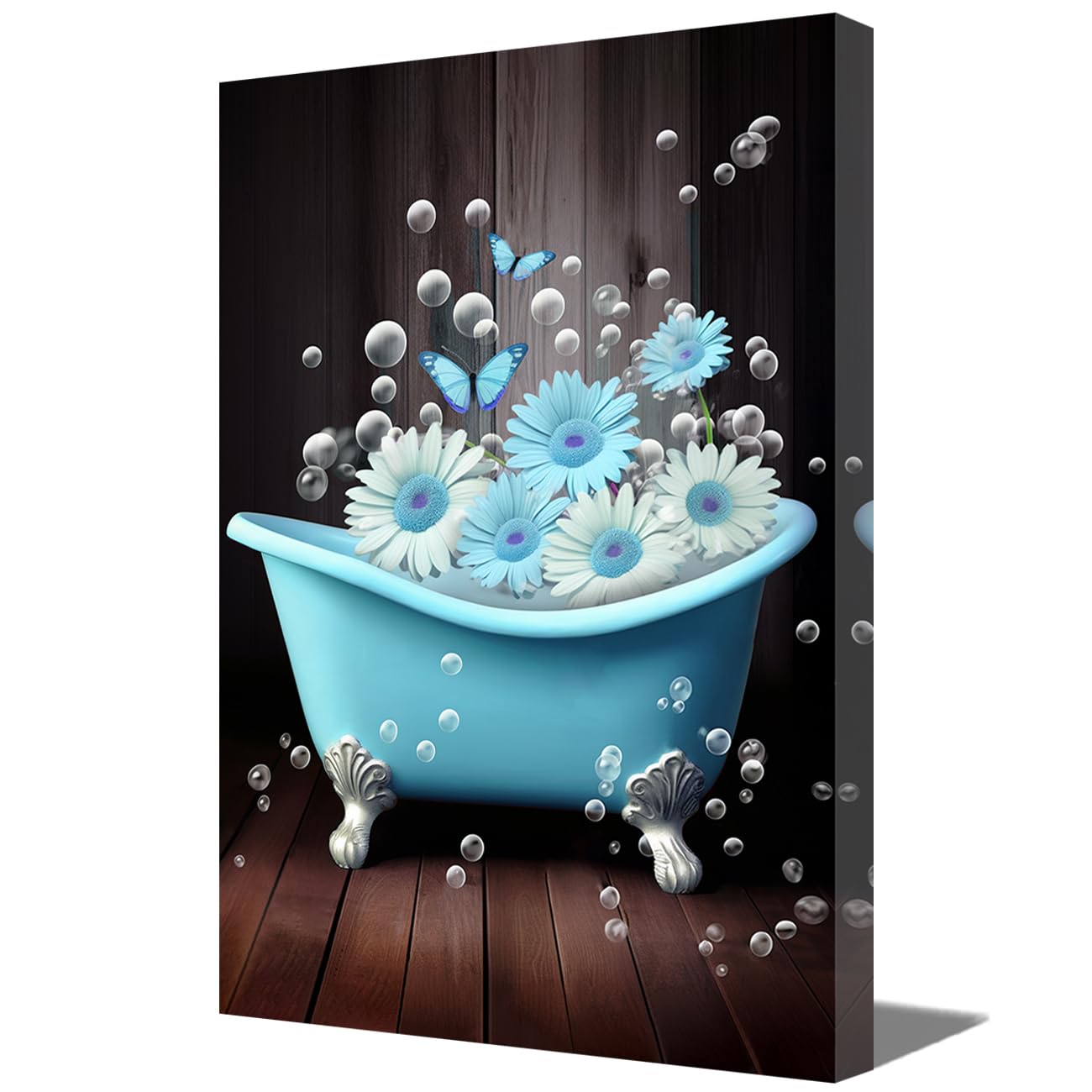 LMYSXAOZ Bathroom Wall Art Rustic Blue Daisy Flower Picture Prints on Canvas in Bathtub Painting for Farmhouse Home Decor (Blue,20.00" x 30.00")