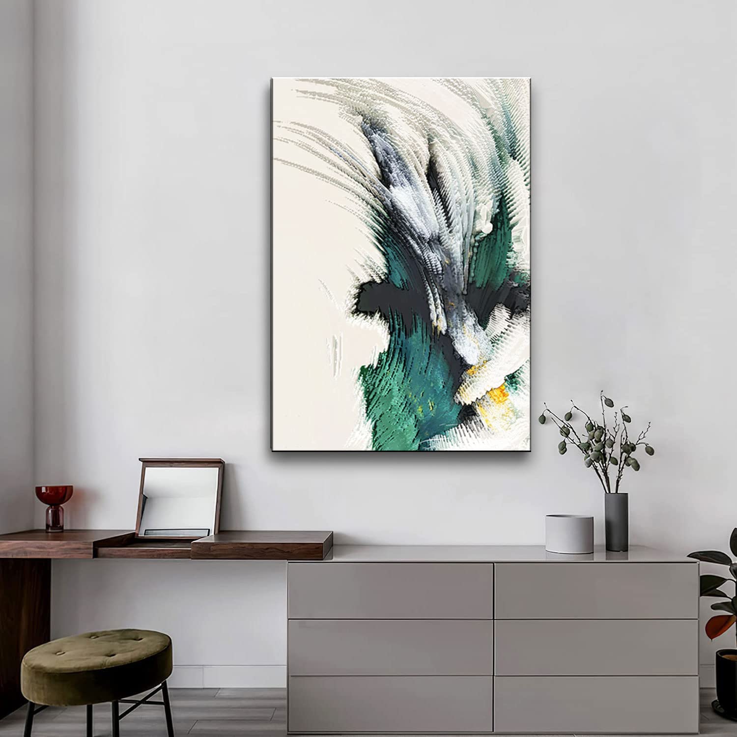 Quadro Tela Astratto Moderno 60x90 Cm - Poster Con Graffiti Verdi Su Sfondo Bianco E Nero, Decorazione Incorniciata Per Soggiorno - 4