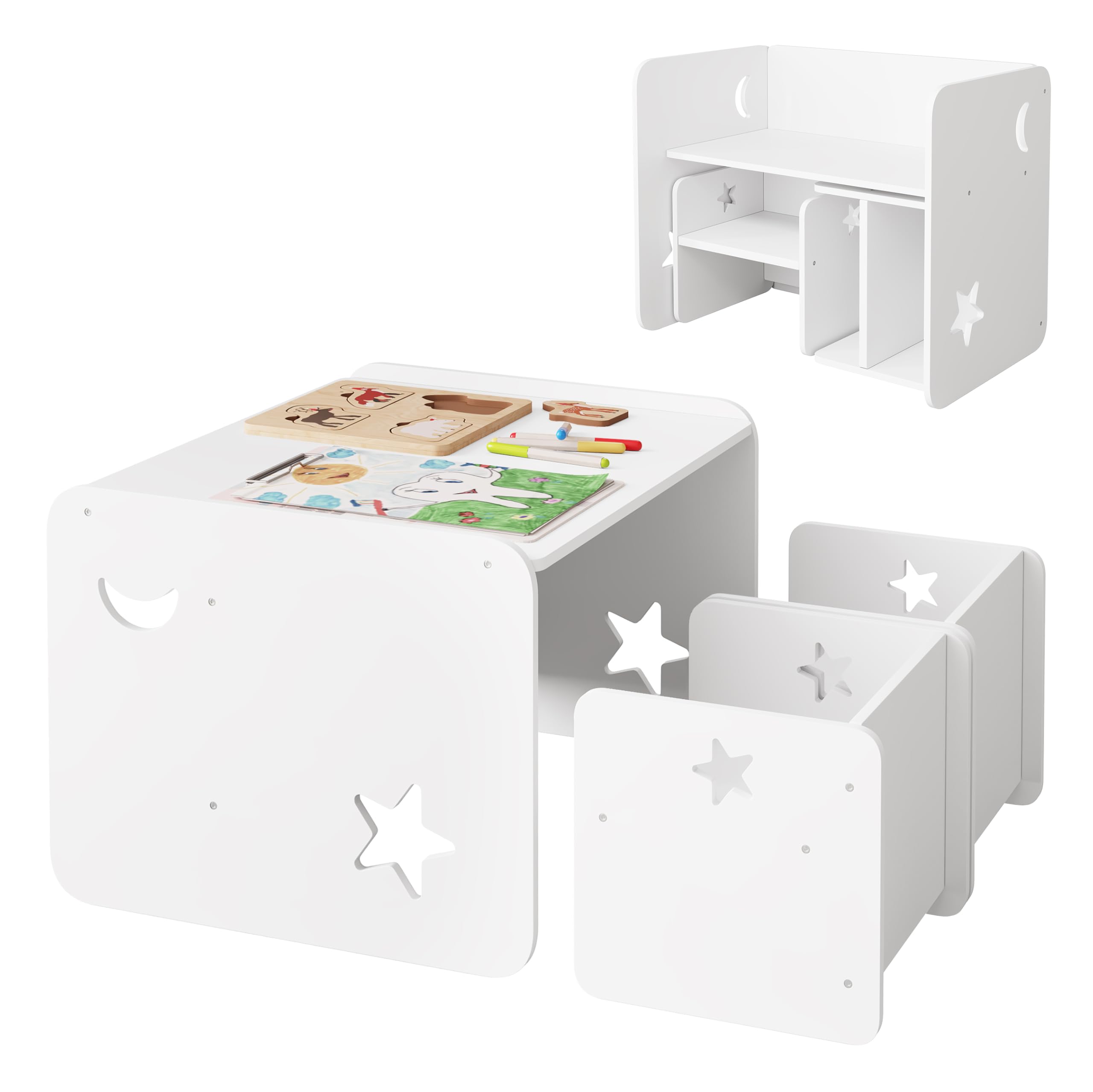 WOLTU Ensemble de Table et Chaises pour Enfant, Table Enfant avec 2 Chaises, pour Crèche, Jardin d'enfants, Salle à Manger, Blanc