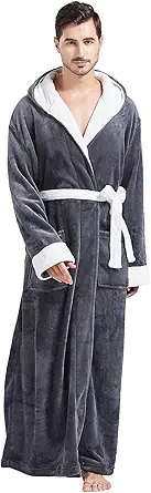 FashGudim Mens Robes Big and Tall with Hood Two-Tone Flannel Fleece Contrast Bathrobe Full Length Plush Long Robe House Coat
