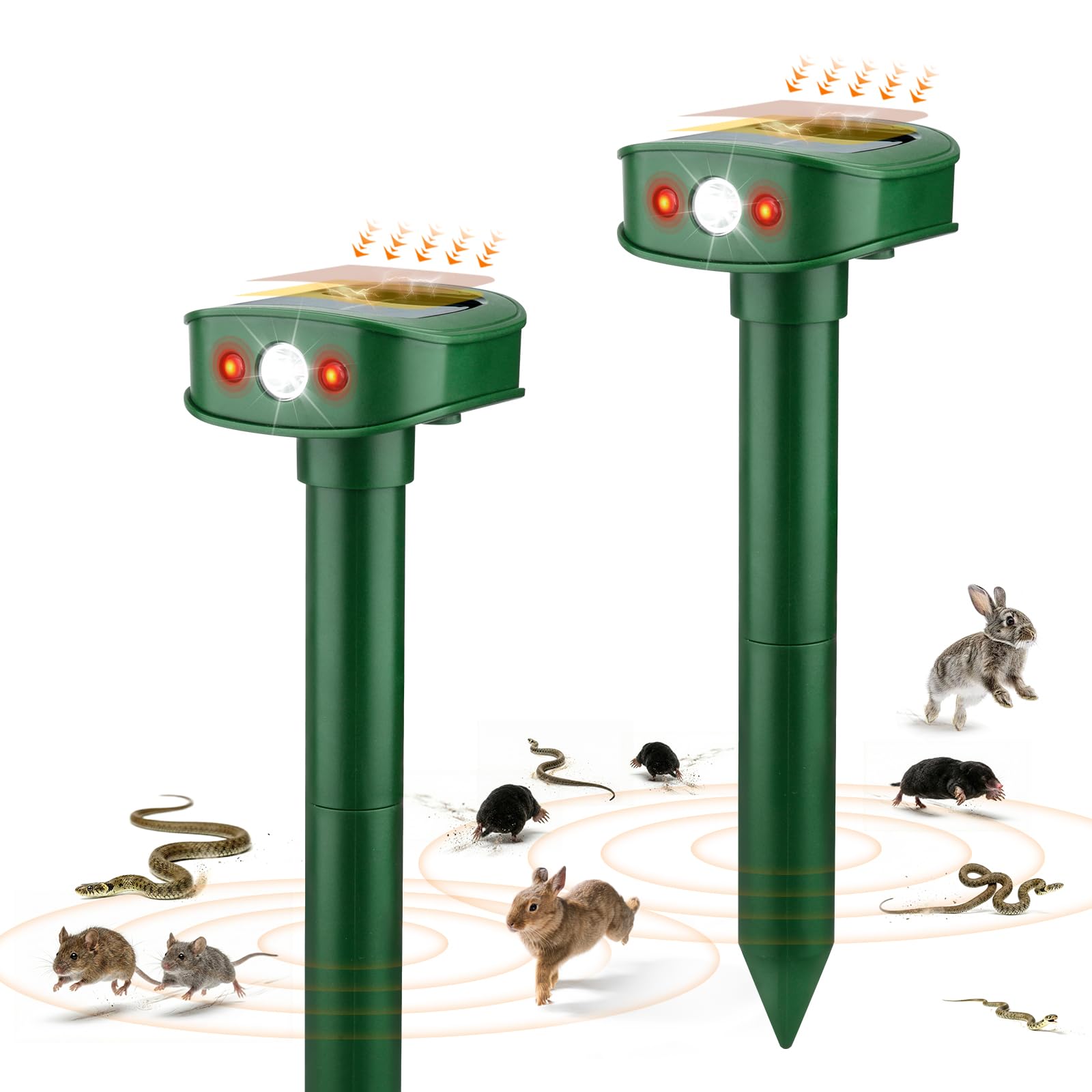 RAYGARD 2 Pack Mole Repellent for Lawns, 20㎡ NEW Vibrating Mouse Repeller Solar with LED Light, IP45 Weatherproof Garden Animal Deterrent for Mice Moles Rabbits Snakes