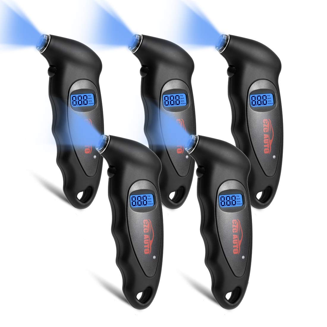 CZC AUTO Digital Tire Pressure Gauge Reader Checker 4 Settings Digital PSI Tire Gauge with Lightened Nozzle Backlit LCD for Car Truck Bicycle Motorcycle | Non-Slip Grip, 0-150 PSI (5PACK, Black)