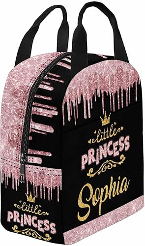 Lonchera personalizada para niños con nombre de princesa rosa brillante personalizada aislada con 2 bolsillos, bonita lonchera para niños y niñas,