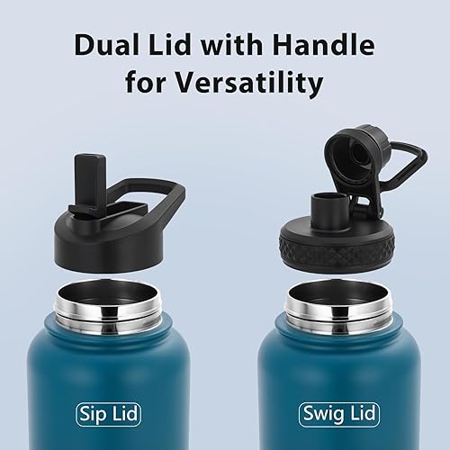Miniatura 5 de Botella de agua de acero inoxidable aislada de 32 onzas, tapas dobles, frasco grande, botella deportiva de boca ancha (mantiene el frío 24 horas