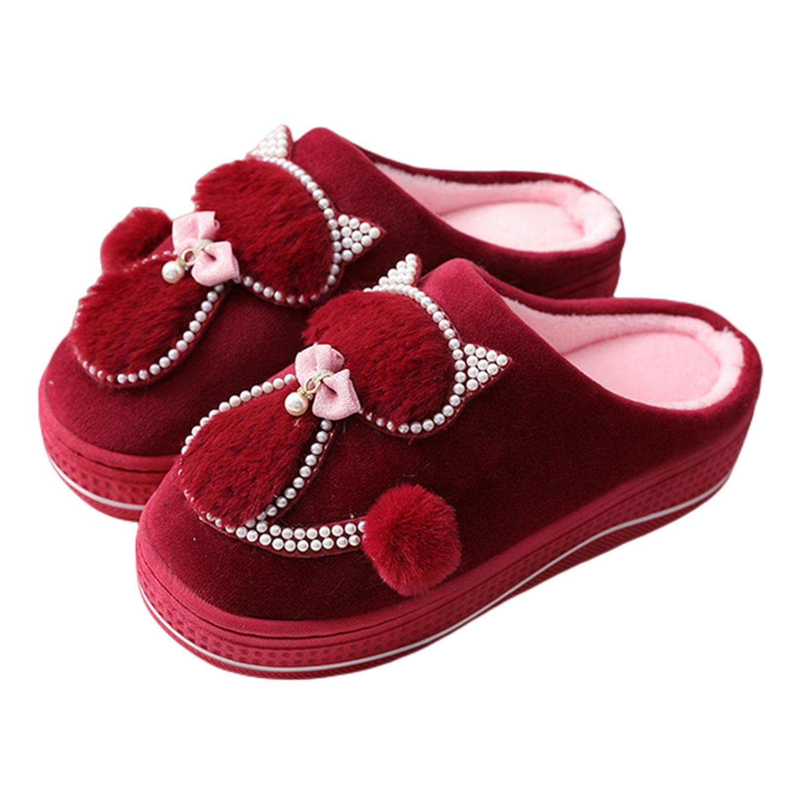 Pantoufles pour femme - Chat mignon d'intérieur - Pantoufles en fourrure - Pantoufles en coton pour femme - Chaussures d'hiver - Maison chaude - Mules - A-Rouge - 40-41