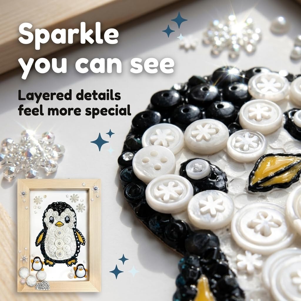 Winter Wonderland Penguin Button Art Kit, DIY Craft Frame with Snowflakes, Black and White Design, Wooden Frame, Holiday Decor image 3