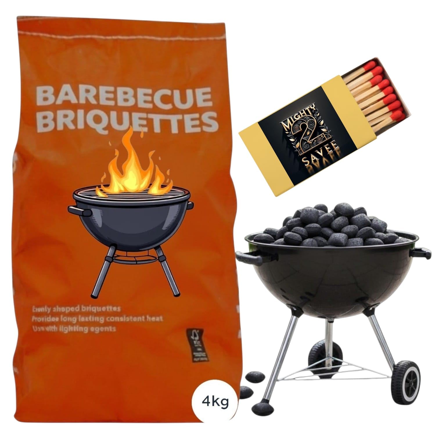 Charcoal Briquettes Barbecue Fuel Bricks 4kg | Easy To Light,Lasting And Consistent Heat | Perfect For Large Barbecues And Smokers Comes With Mighty2Save Safety Matches