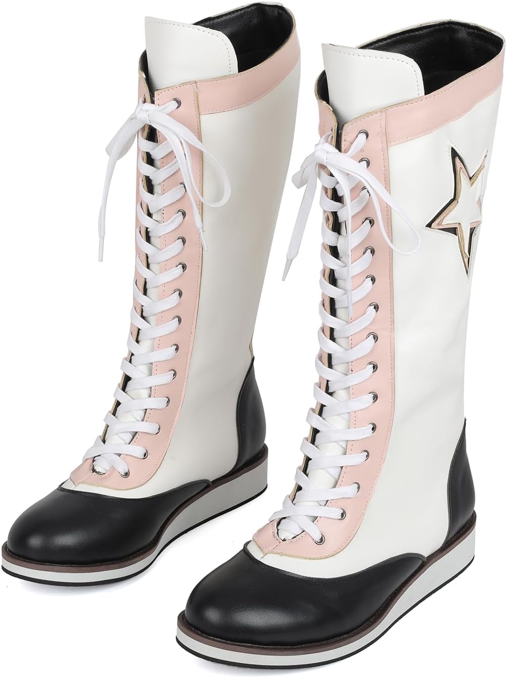Men's Boxing Costume Cosplay Boots Wrestling Training Shoes Color Block Glossy PU Leather Tall Boot for Halloween