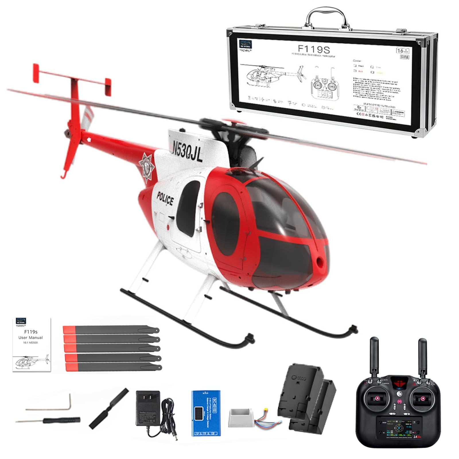 Helicóptero RC F119S MD500 con giroscopio de 6 Ejes, Modos conmutables 6G/3D y Cabina abatible - Helicóptero teledirigido RTF para Principiantes y Adultos(Red,No Camera)