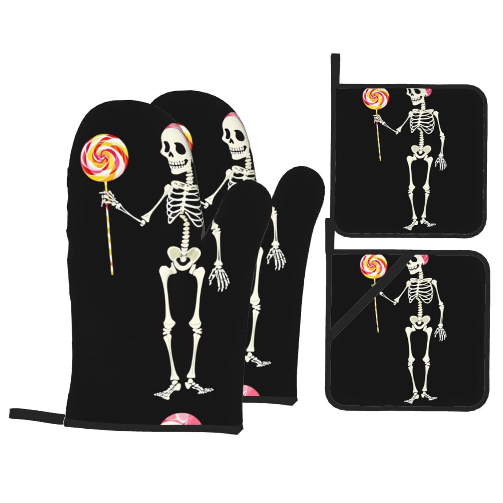 YYHWHJDE Candy Skeleton Printed Kitchen Baking Set of 4 Thick Insulated Oven Mitt & Pot Holders, Anti-Scalding for Microwave, Oven, Outdoor BBQ