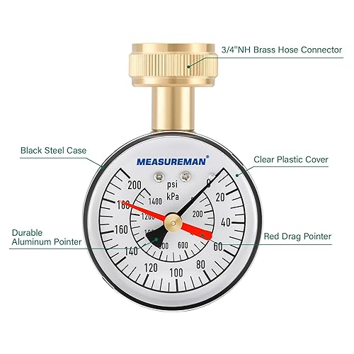 Miniatura 17 de Measureman - Manómetro de presión de agua de 0-200 psi, esfera de 2.5", medidor de presión para boquilla de manguera, probador de presión de agua