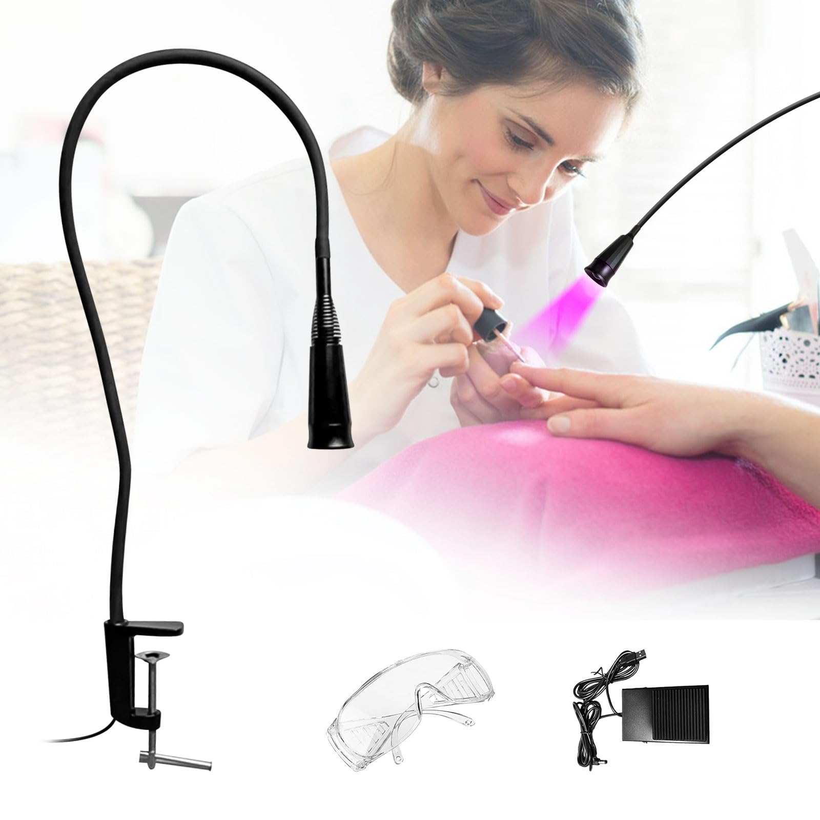 Lampa UV do rzęs, 10W LED światło UV do utwardzania światłem, 3-5 sekund szybkie utwardzanie, przedłużanie rzęs, regulowany rozmiar punktu z okularami ochronnymi i przełącznikiem nożnym, czarna