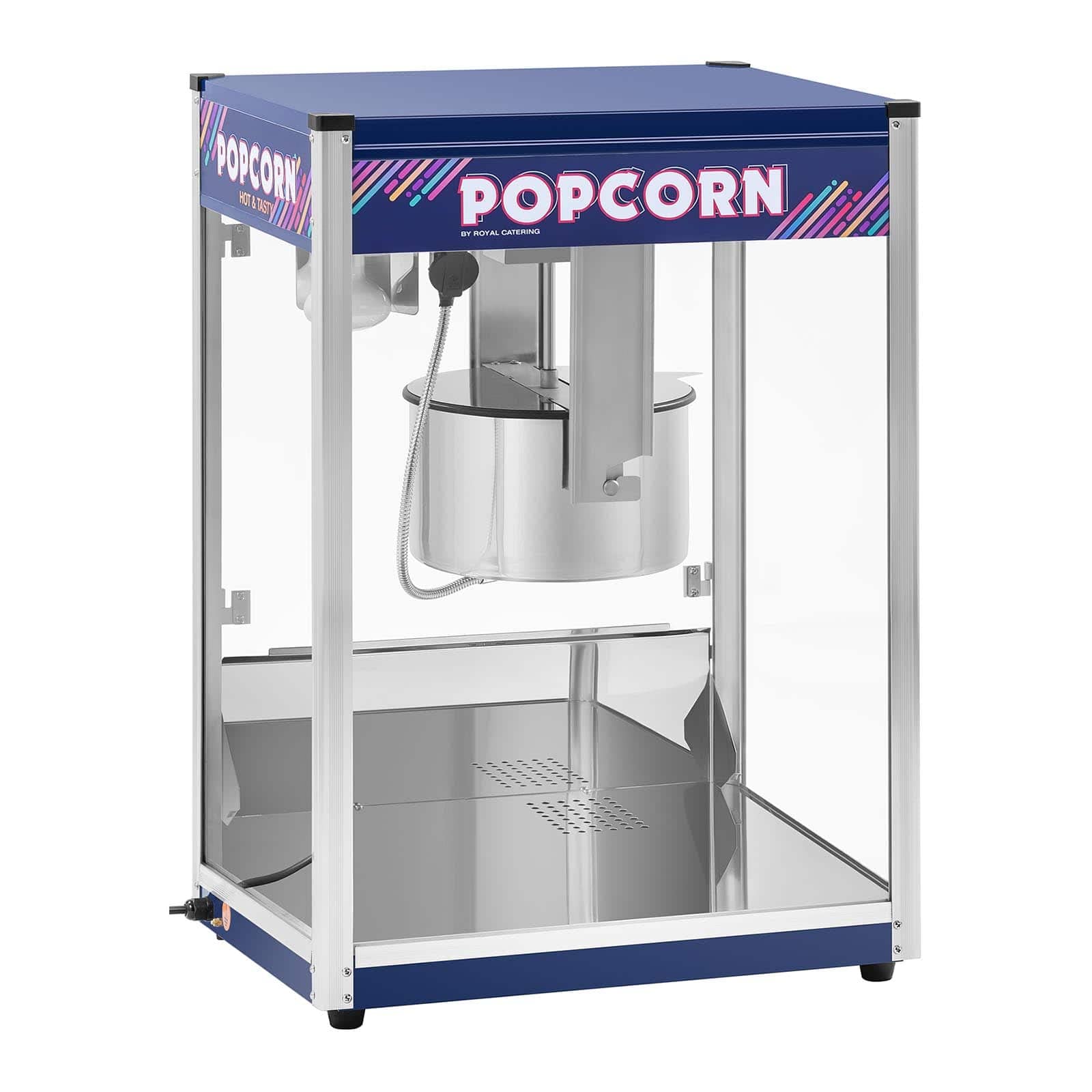 Royal Catering XXL-Popcornmaschine 2350 W 8 kg/h 193 L beleuchteter Innenraum Blau Wärmefunktion entnehmbarer Topf mit Antihaftbeschichtung Krümelschublade Popcornmaker