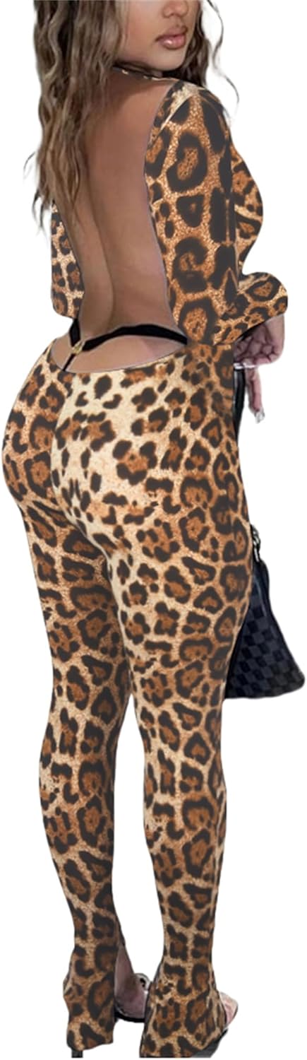 Womens Jumpsuit Long Sleeve One Piece Jumpsuits Leopard Print Sexy Backless Bodycon High Waisted Club Outfits Catsuits - Image 4