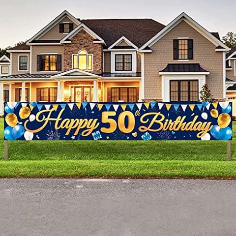 Large Happy 50th Birthday Banner Backdrop Blue Gold 50 Birthday Sign 50 Year Party Decoration Supplies for Men Wall Yard, 118inches * 20inches Cover
