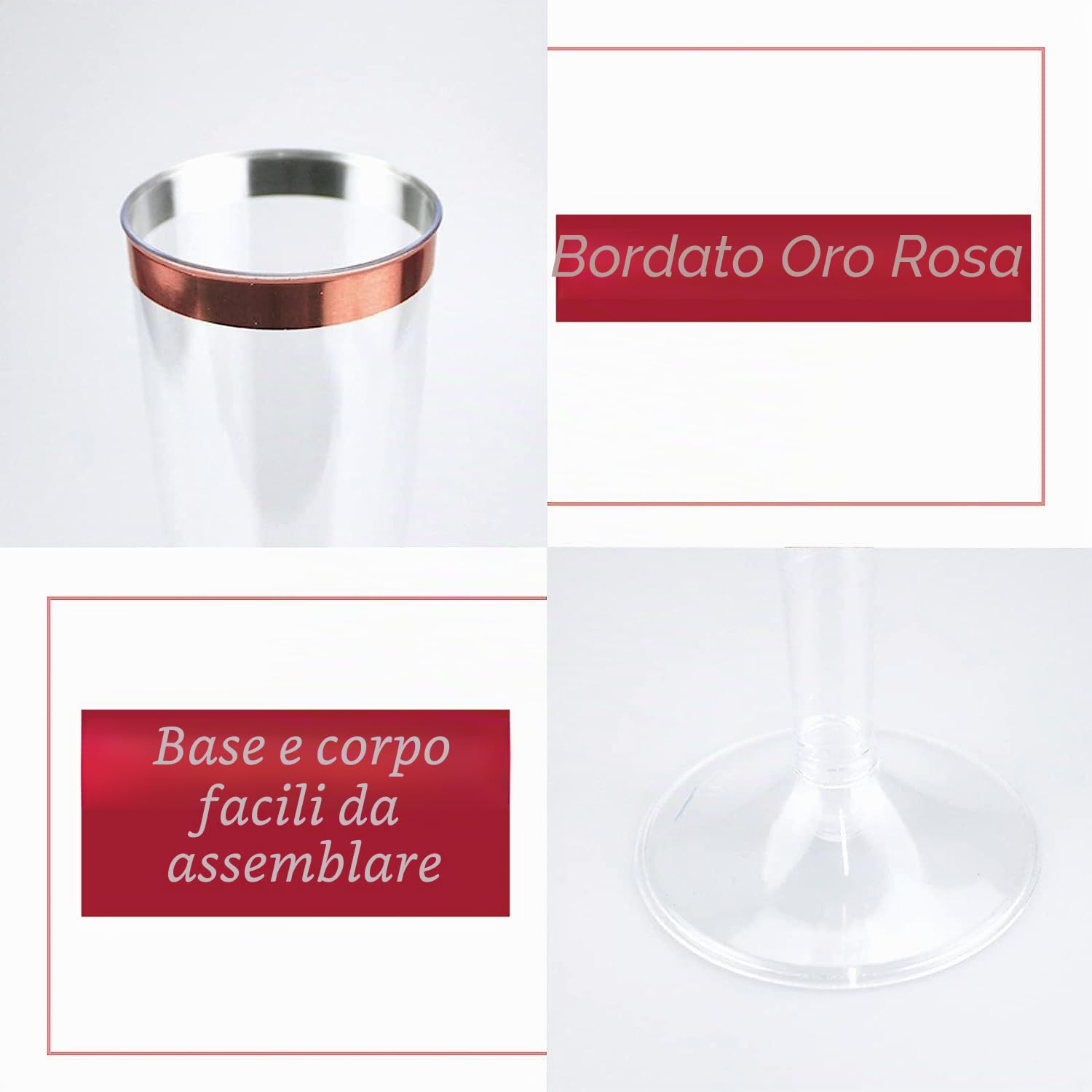 LATERN 50 Pezzi Flute da Champagne con Bordo in Oro Rosa, 150ml Bicchieri da Champagne in Plastica Bicchieri da Vino con Gambo Riutilizzabili per Anniversario Matrimonio Giardino Feste (5 x 17cm)