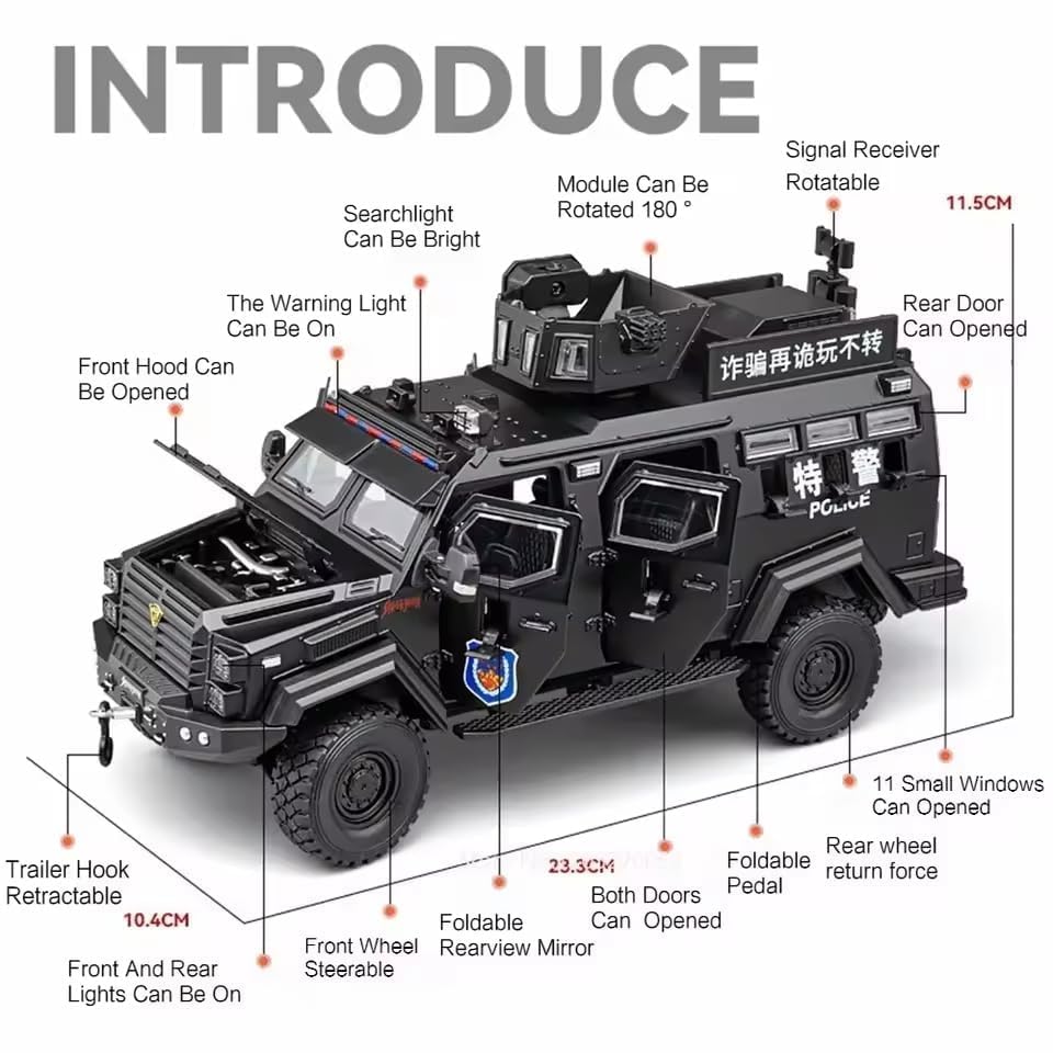 Image of 1:24 Armored Police Car with Tooth Tiger Explosion Proof Die-Cast Model Metal Pull-Back Car with Lights & Sounds with 4 Opening Doors Kids' Best Showpiece Toy Car (1:24 Armored Police-Brown Color)