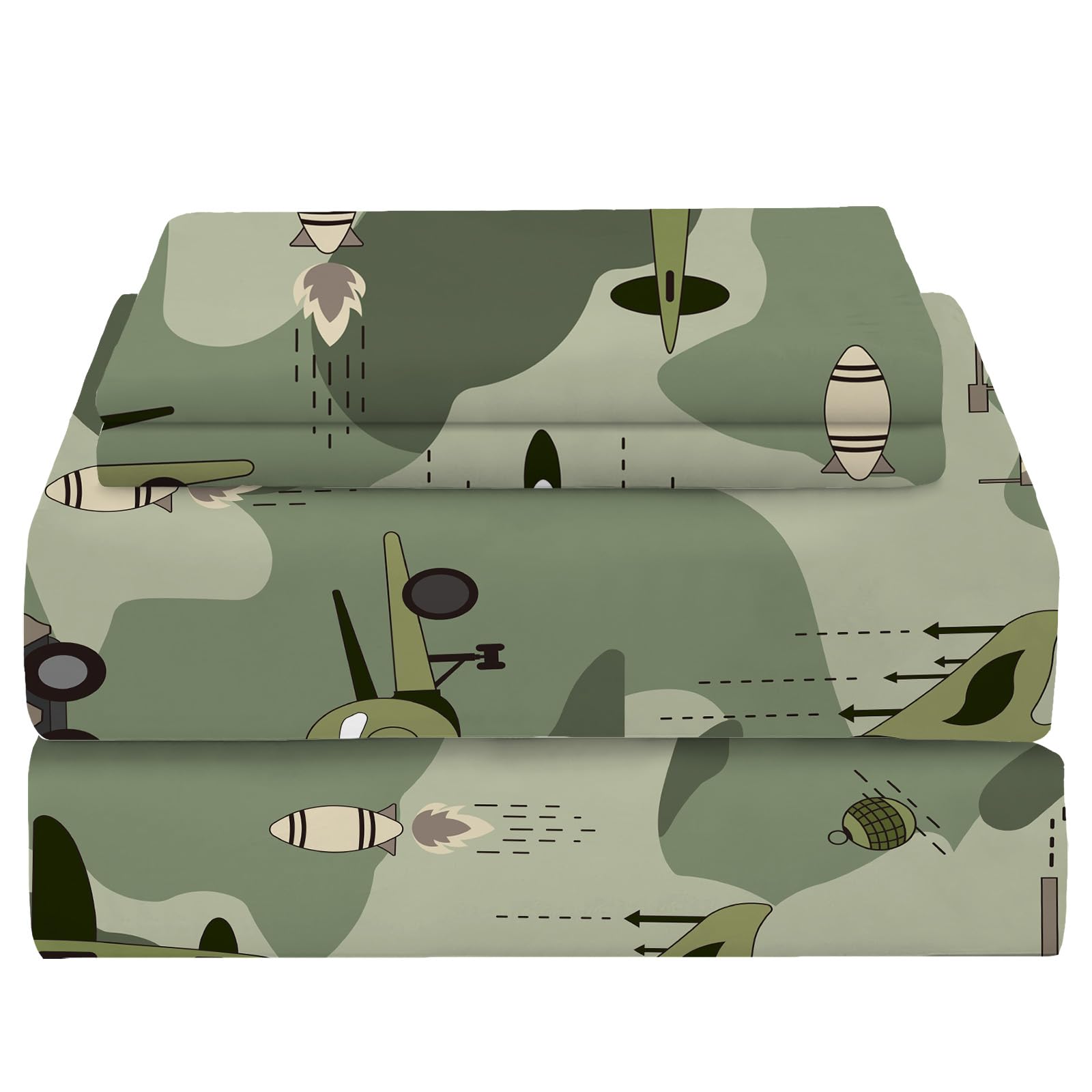 Yasida Twin Size Fitted Sheets Bedding Airplane Sheets Camo Bed Sheets for Kids 2 Pieces(1Fitted Sheet and 1 Pillowcases),Airplane Tank Camping Bed