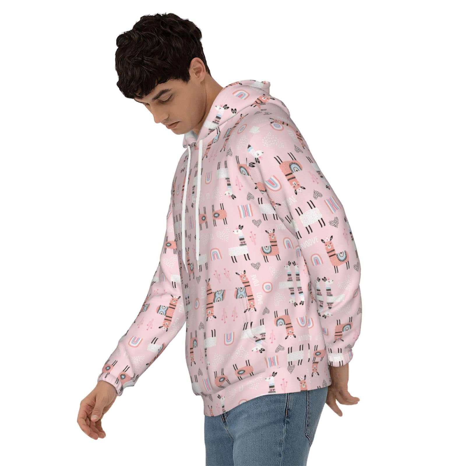 Męska lama. Bluza z kapturem z nadrukiem, casualowa grafika z nadrukiem bluzy z kapturem z kieszenią