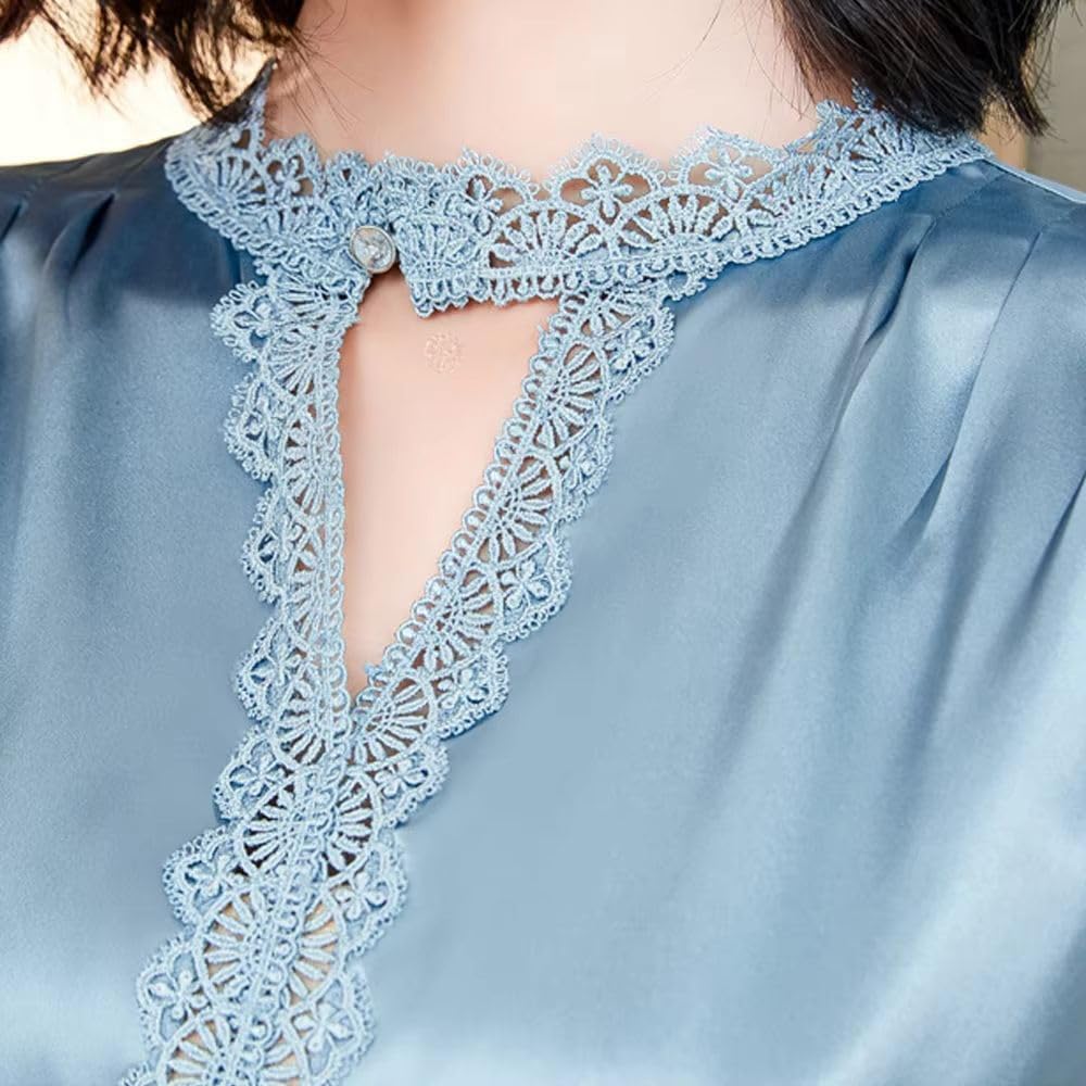 Women's Lace Stitching Silk Shirt Simple V-Neck Blouse Vintage Ladies Elegant Top