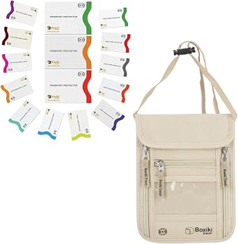RFID Travel Set Blocking Sleeves for Identity Theft Prevention, Passport Covers, and Beige Neck Wallet with Adjustable Strap - Secure Storage for Cash, Credit Cards, and Travel Documents