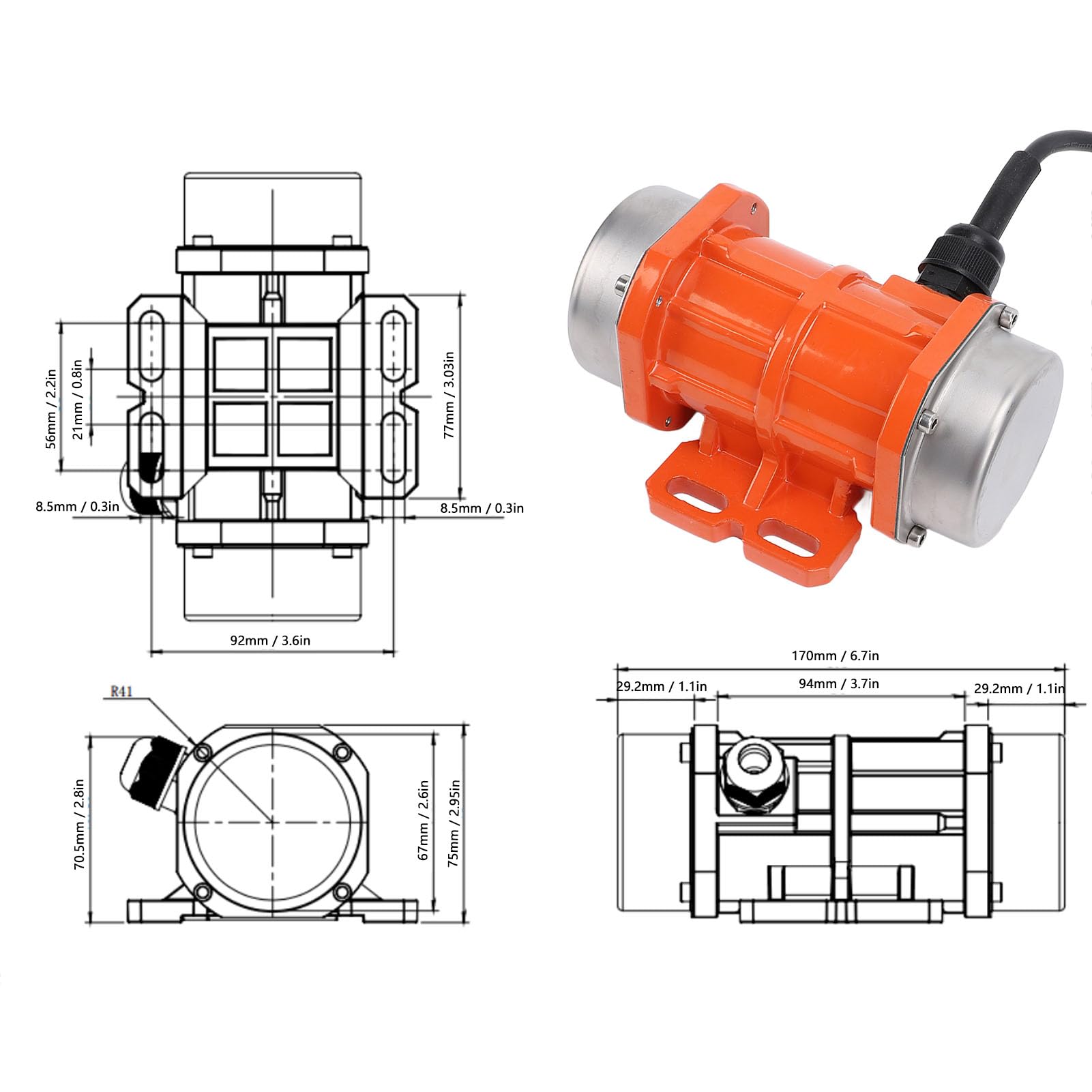 Yosoo Health Gear Motore Vibratore per Calcestruzzo Motore Elettrico per Vibratore per Calcestruzzo in Lega di Alluminio 3000 Giri/min 50 Hz IP65 per Uso Miscelatore Alimentatore Vaglio Vibrante (60W)