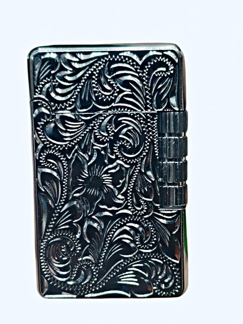 Jain Gift Gallery Store Premium Metal Windproof Refillable Butane Lighter, Floral Engraved Design, Black Chrome, Pocket Size, for Cigarette and Cigar, Gift for Men and Women-image-18