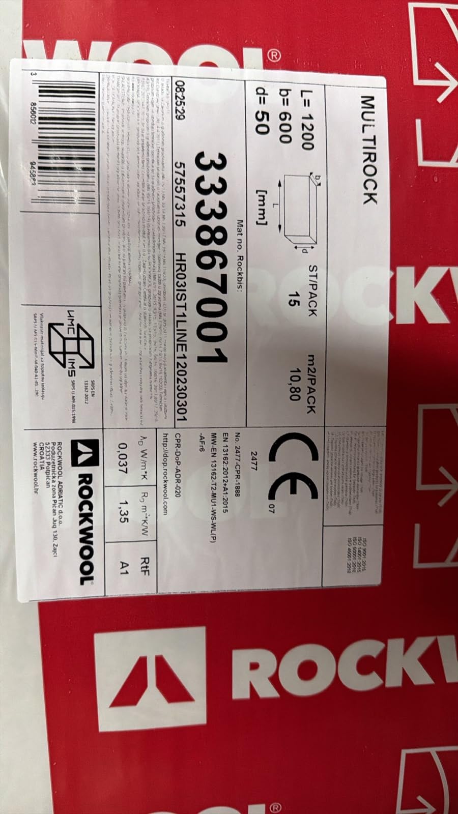 Rockwool Multirock 15pz Pannello Lana di Roccia 1200x600x50 mm (10,80M2) | Euroclasse A2-s1,d0, Resistenza 70 kPa, Densità 130 kg/m³, Isolamento Termoacustico, Velo Minerale