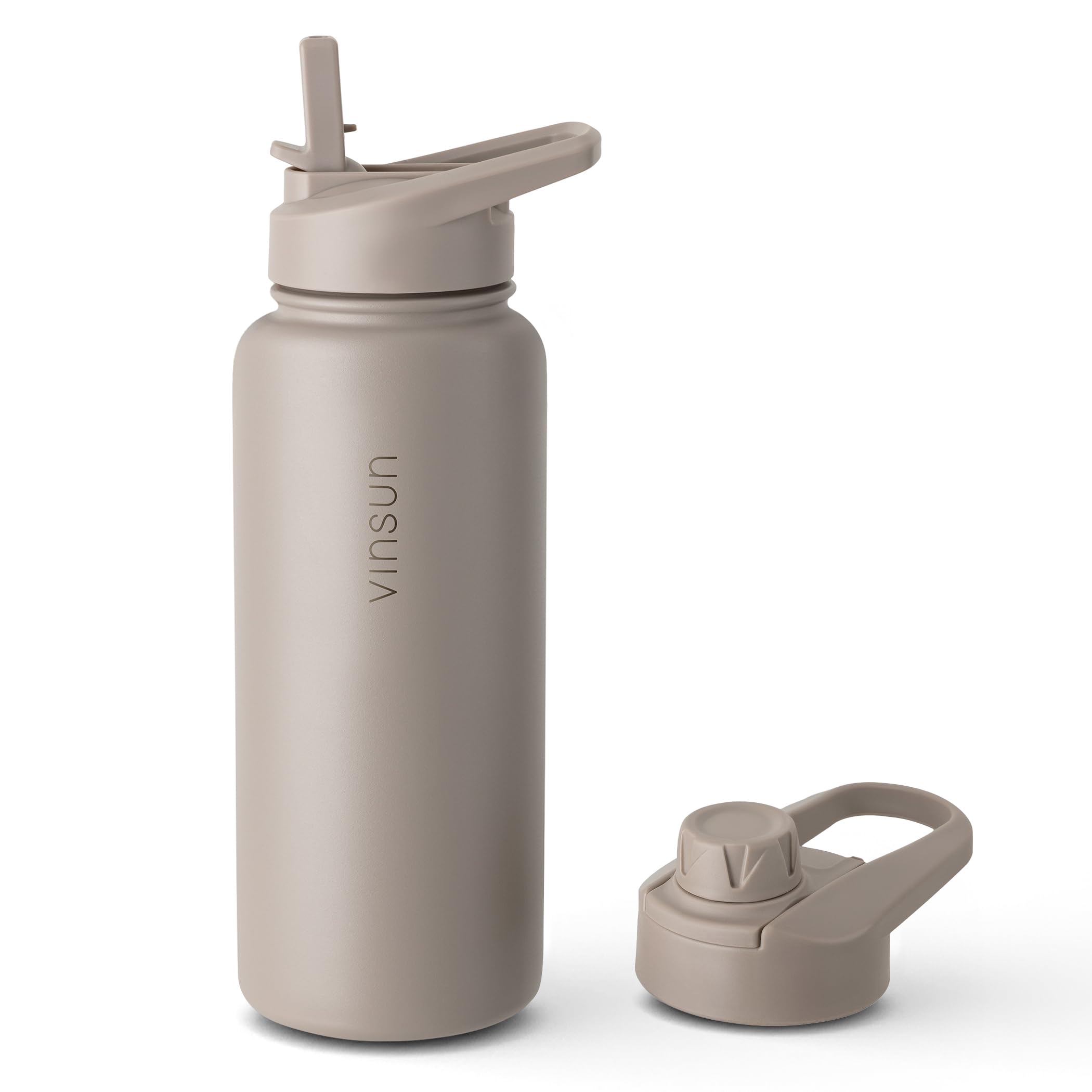 Vinsun Trinkflasche Edelstahl taupe 1L - auslaufsicher, Kohlensäure geeignet, BPA frei - Strohhalm, Trinköffnung - Thermosflasche Sport, Outdoor
