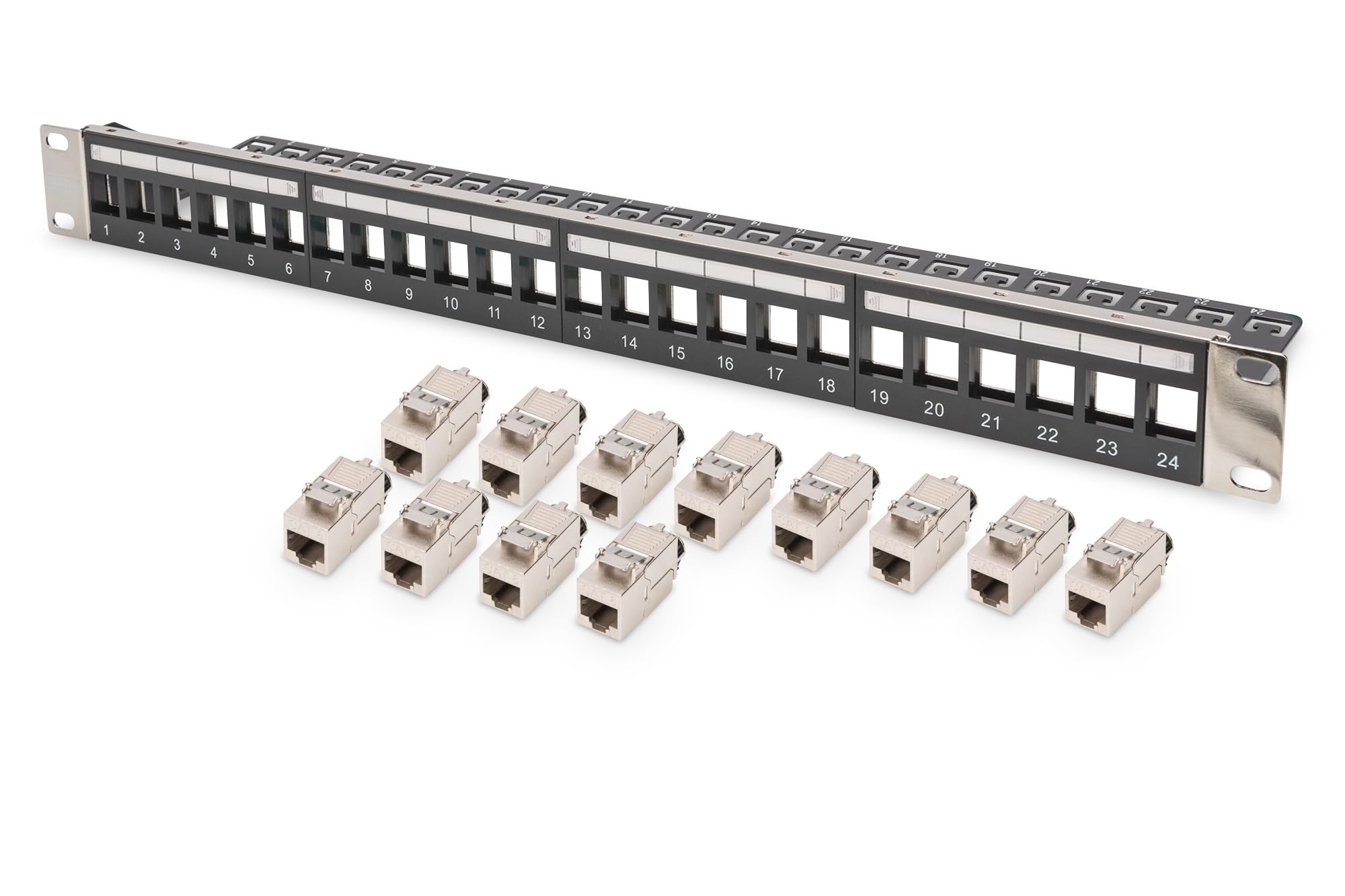 DIGITUS Set: Panneau de Brassage - modulaire - 19 Pouces - 24 Ports - blindé - Montage en Rack 1U - Noir - avec 12x Module Keystone Cat8.1